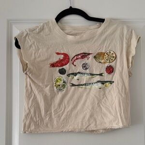 Beige Crop Top with Colorful Seafood Print